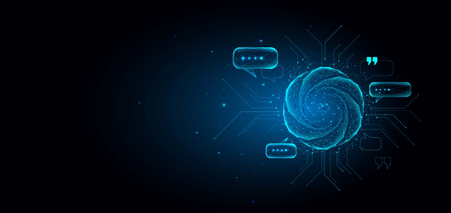 Blue digital image of a central hub with callout boxes surrounding it, representing the concept of a service hub connecting people and ideas.